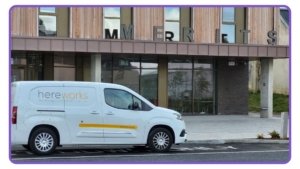 An image of a Hereworks van parked at the front of MERITS, Co. Kildare.