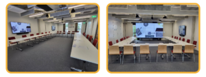 Two side-by-side images depicting a large conference room in MERITS, Co. Kildare, with AV technology implemented by Hereworks for an enhanced shared workspace.